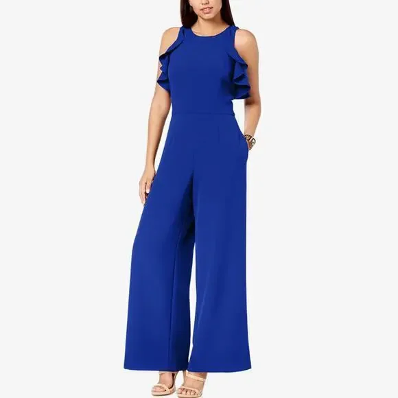 Julia Jordan Flutter Sleeve Jumpsuit Size 6 Cobalt Blue Wide Leg Glam‎ Cocktail - Picture 3 of 4